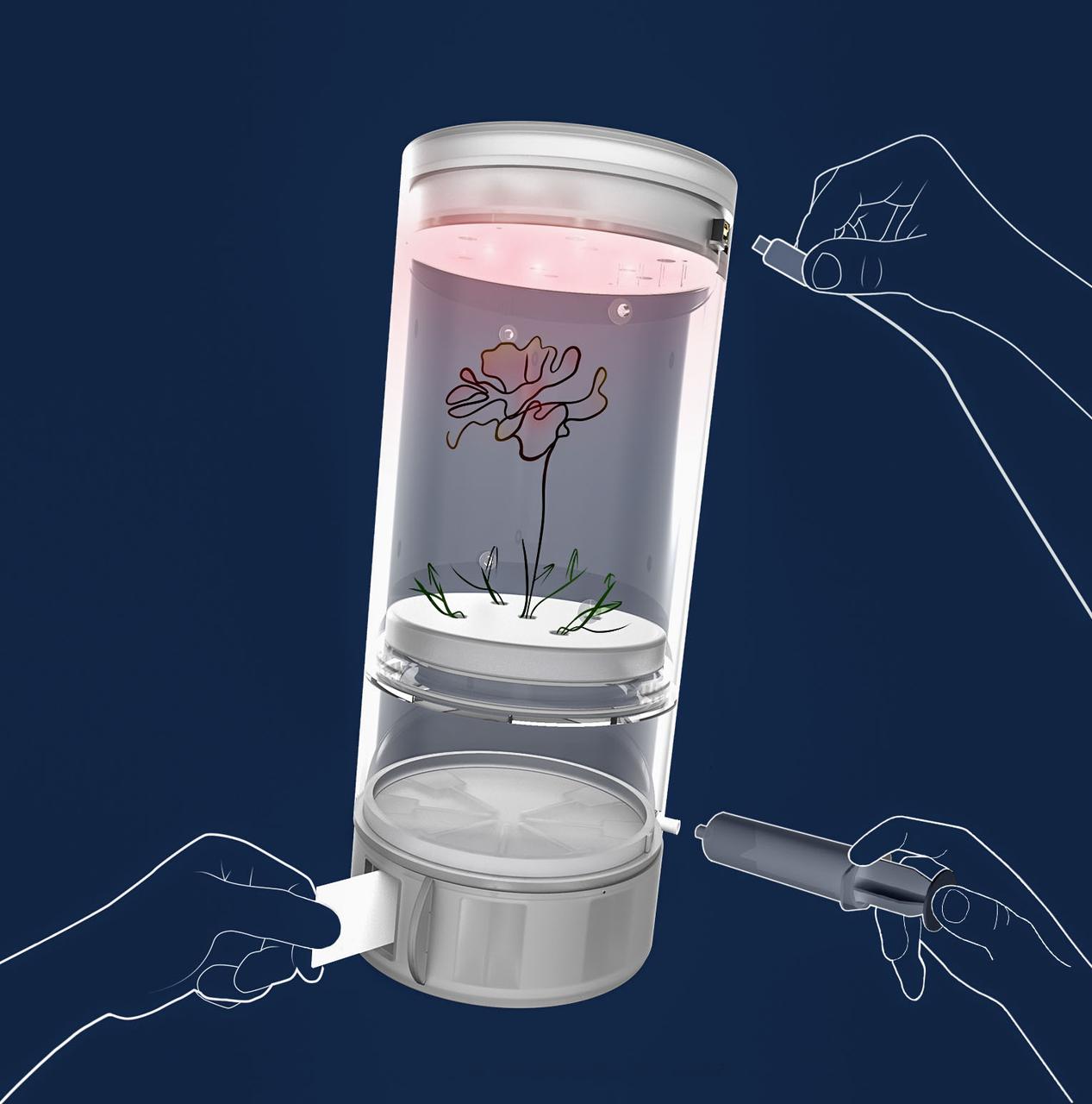 jsc2021e029979 (9/28/2020) --- A 3D image of the vase Eklosion released by Lerouge Jules using keyshot and photoshop. The Eklosion investigation consist of a vase that is utilized by a crew member to grow a Marigold flower (Tagetes patula) aboard the ISS. The investigation takes place at the leisure of the crew member and helps to study the process of plant growth in space, as well as using a personally tended house plant in space to help establish a psychological link between the crew member aboard the ISS and Earth. Image courtesy of Eklo association.