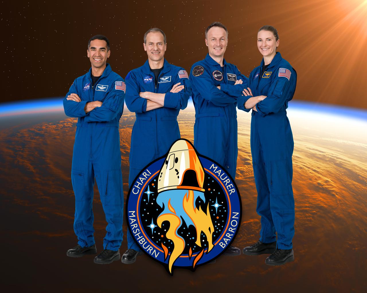 jsc2021e030607 (May 20, 2021) --- The official crew portrait of the SpaceX Crew-3 mission with (from left) Commander Raja Chari and Pilot Thomas Mashburn, both NASA astronauts; Mission Specialist Matthias Maurer of ESA (European Space Agency); and Mission Specialist Kayla Barron of NASA.