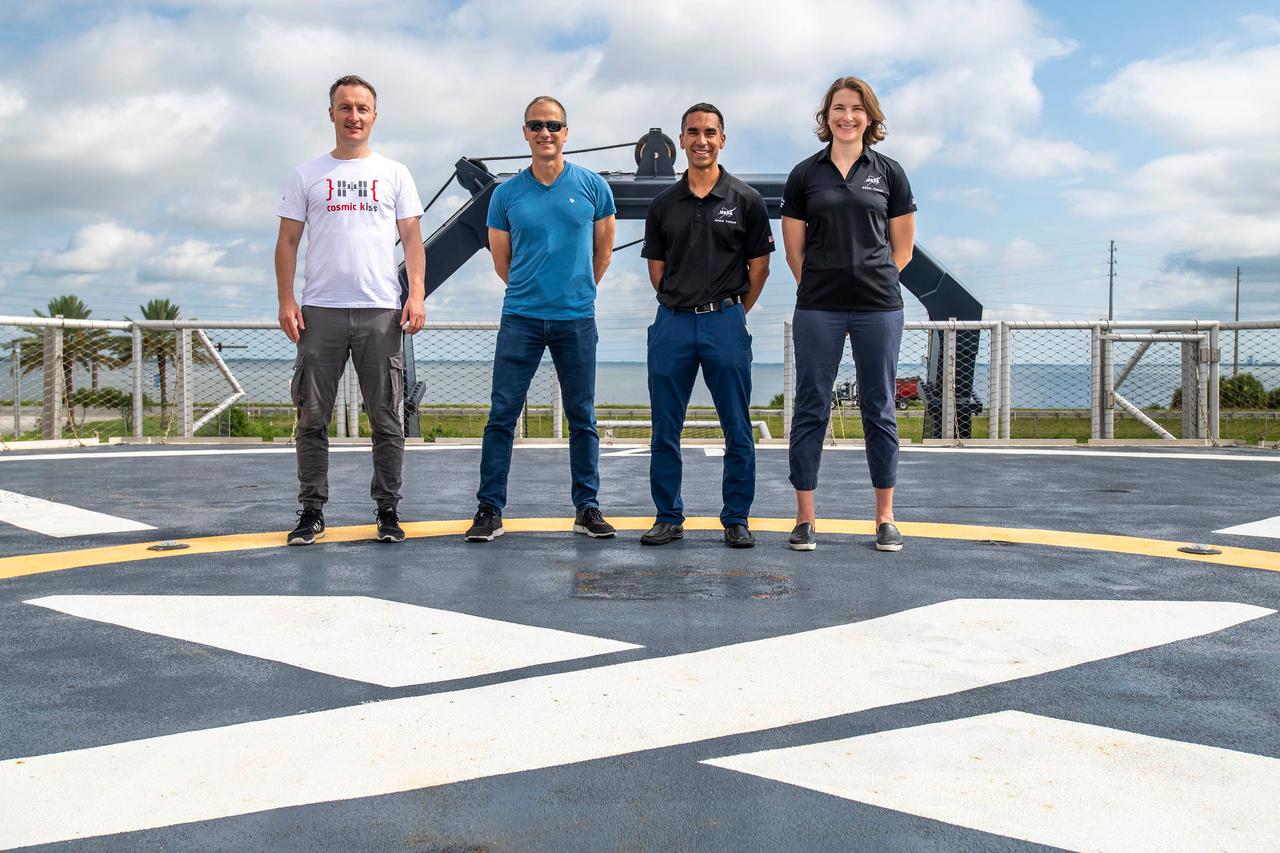 jsc2021e038367 (July 26, 2021) --- SpaceX Crew-3 astronauts (from left) Matthias Maurer, Thomas Marshburn, Raja Chari and Kayla Barron are pictured during preflight training at SpaceX headquarters in Hawthorne, California. Credit: SpaceX