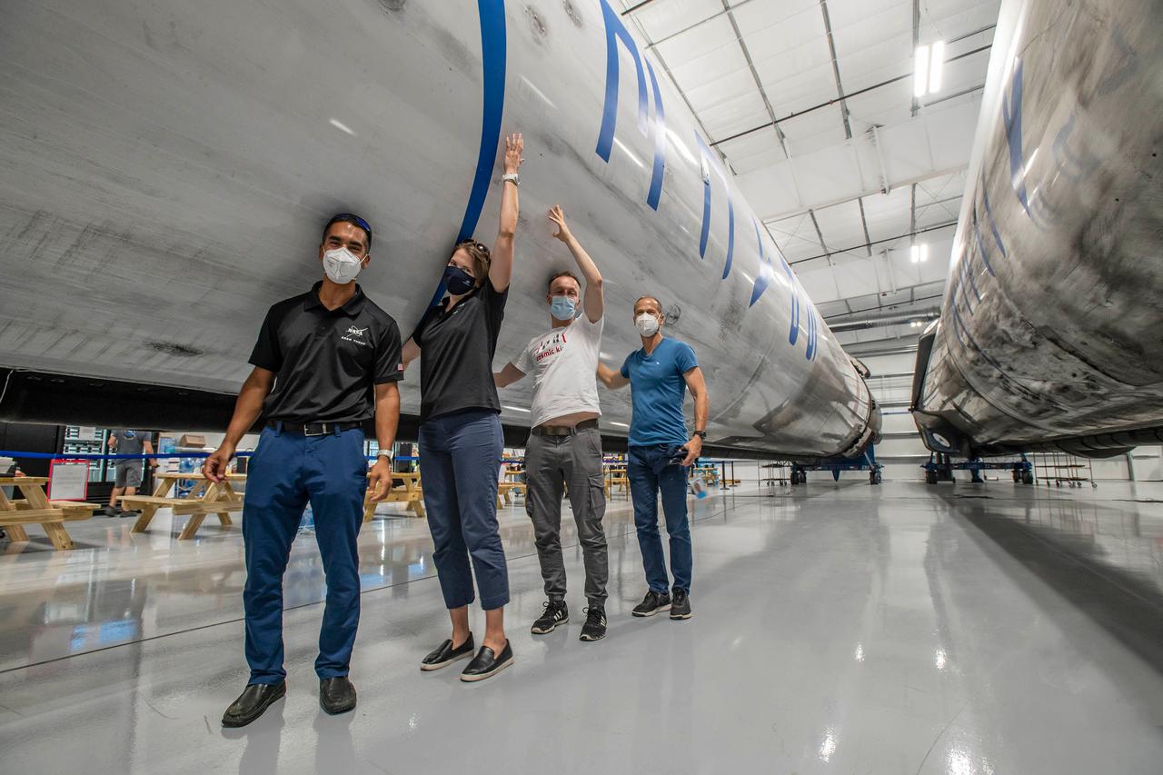 jsc2021e038368 (July 26, 2021) --- SpaceX Crew-3 astronauts (from left) Raja Chari, Kayla Barron, Matthias Maurer and Thomas Marshburn are pictured during preflight training at SpaceX headquarters in Hawthorne, California. Credit: SpaceX