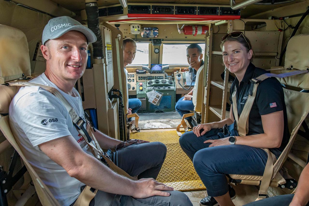 jsc2021e038369 (July 26, 2021) --- SpaceX Crew-3 astronauts (from left) Matthias Maurer, Thomas Marshburn, Raja Chari and Kayla Barron are pictured during preflight training at NASA's Kennedy Space Center in Florida. Credit: SpaceX