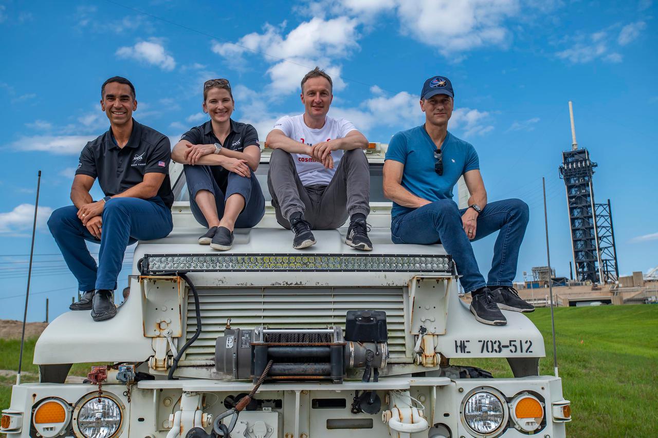 jsc2021e038370 (July 26, 2021) --- SpaceX Crew-3 astronauts (from left) Raja Chari, Kayla Barron, Matthias Maurer and Thomas Marshburn are pictured during preflight training at NASA's Kennedy Space Center in Florida. Credit: SpaceX