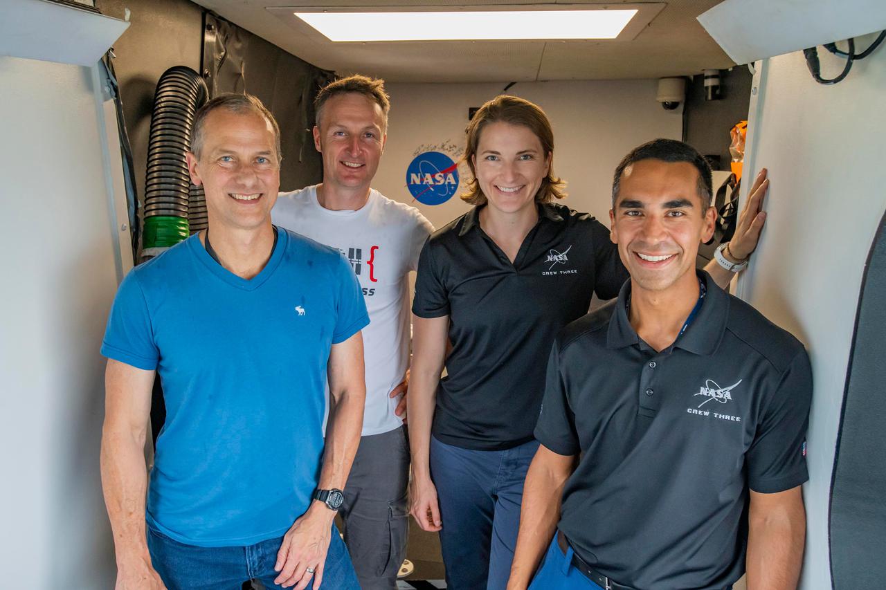 jsc2021e038371 (July 26, 2021) --- SpaceX Crew-3 astronauts (from left) Thomas Marshburn, Matthias Maurer, Kayla Barron and Raja Chari are pictured during preflight training at NASA's Kennedy Space Center in Florida. Credit: SpaceX