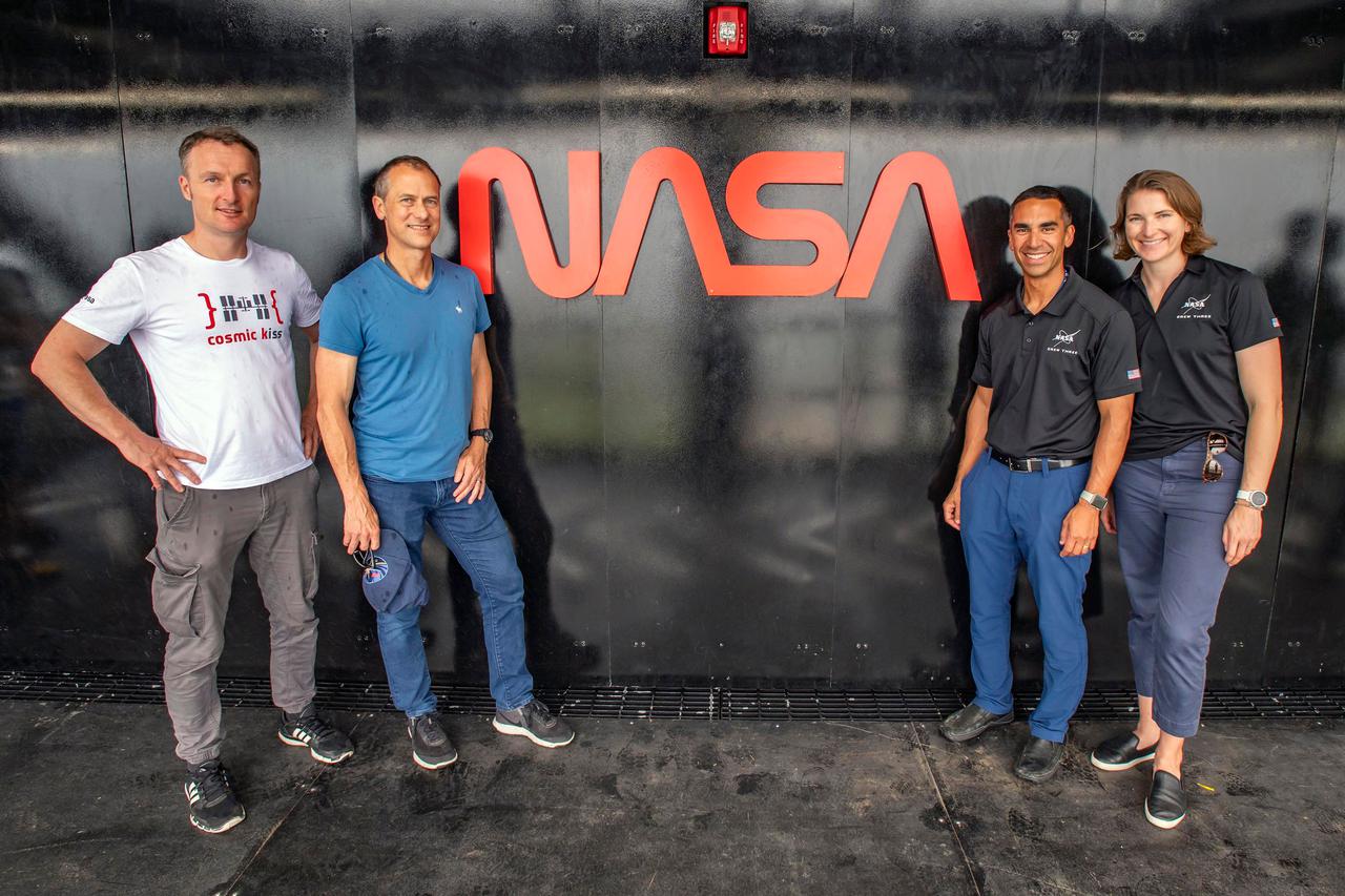 jsc2021e038372 (July 26, 2021) --- SpaceX Crew-3 astronauts (from left) Matthias Maurer, Thomas Marshburn, Raja Chari and Kayla Barron are pictured during preflight training at NASA's Kennedy Space Center in Florida. Credit: SpaceX