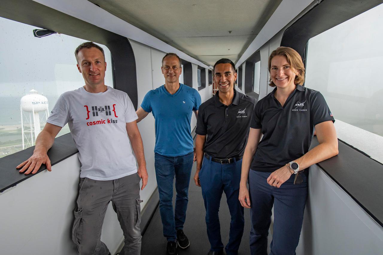 jsc2021e038373 (July 26, 2021) --- SpaceX Crew-3 astronauts (from left) Matthias Maurer, Thomas Marshburn, Raja Chari and Kayla Barron are pictured during preflight training at NASA's Kennedy Space Center in Florida. Credit: SpaceX