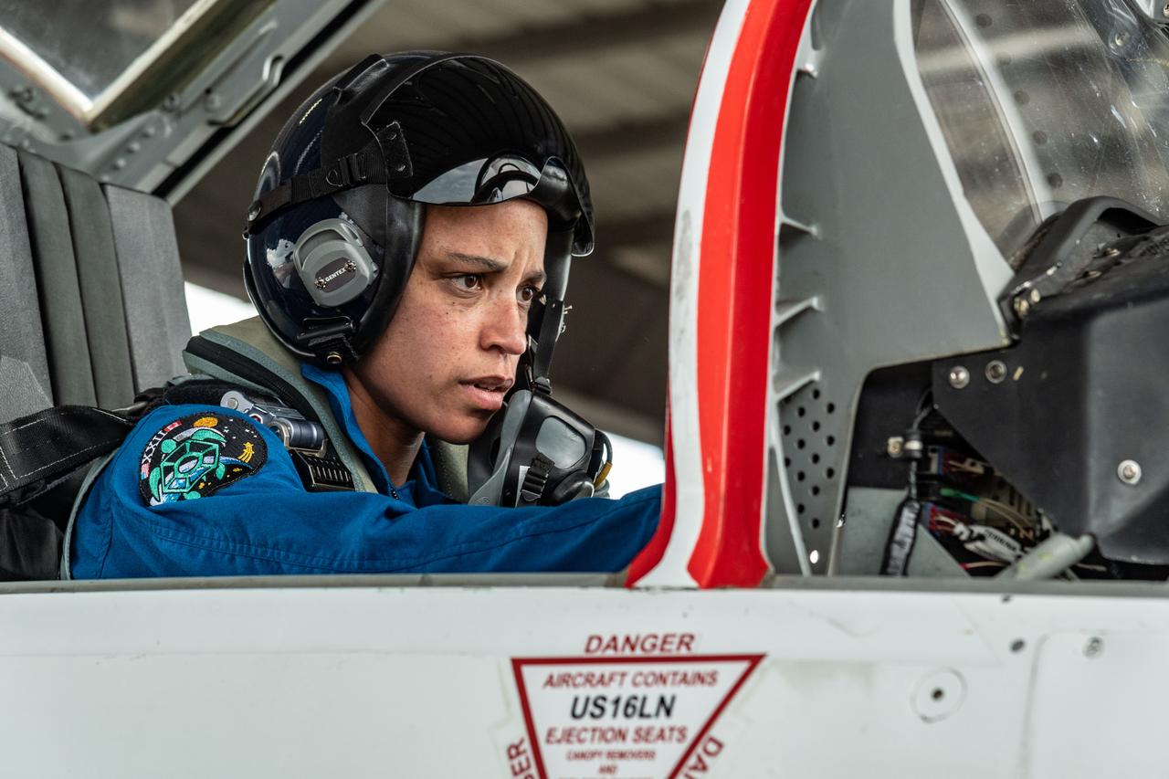 NASA astronaut Jessica Watkins, mission specialist on the upcoming SpaceX Crew-4 mission, the fourth crew rotation flight of the Crew Dragon spacecraft to the International Space Station, prepares for a flight in a NASA T-38 jet trainer at Ellington Airport as she continues training for her mission aboard the International Space Station.  Photo Date: September 1, 2021. Location: Ellington Field - Hangar 276.  Photographer: Robert Markowitz