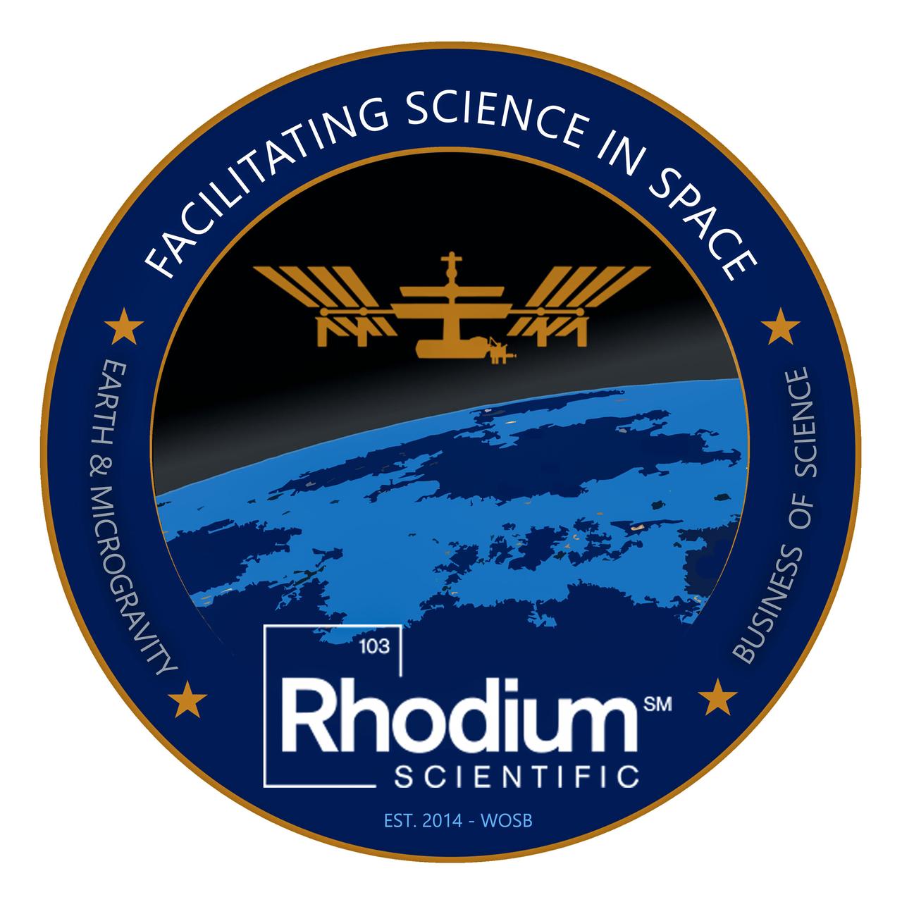 jsc2021e048041 (10/22/2021) --- Flight patch logo for Rhodium Scientific, a woman-owned small business founded in 2014 by Olivia Gámez Holzhaus. Image courtesy of Rhodium Scientific.