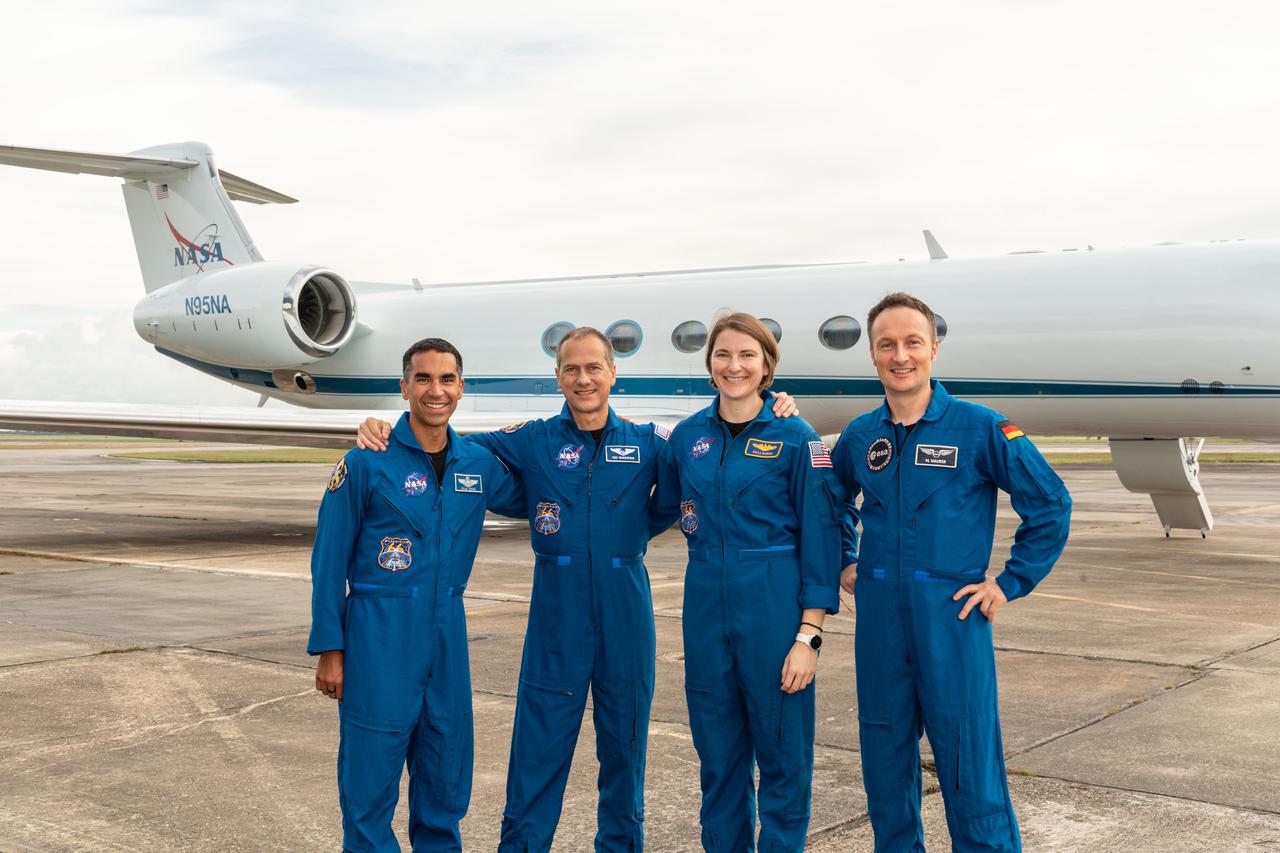 jsc2021e048157 (Oct. 26, 2021) --- SpaceX Crew-3 astronauts (from left) Raja Chari, Thomas Marshburn and Kayla Barron, all from NASA, with Matthias Maurer from ESA (European Space Agency) are at Ellington Field in Houston, Texas. The quartet were preparing to depart from Houston aboard NASA's Gulfstream V research aircraft to Kennedy Space Center in Florida. The foursome plan to launch on Oct. 31, 2021, aboard the SpaceX Crew Dragon Endurance to the International Space Station for a six-month mission.