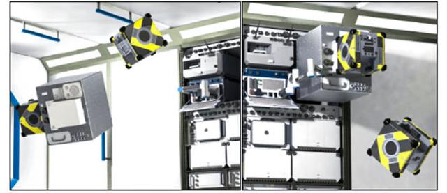 jsc2021e058908 (11/17/2021) --- A graphic of an Astrobee taking an EXPRESS Rack double locker payload, determining its mass and adjusting its Guidance and Navigation Control (GNC) to perform an installation maneuver with the help of another Astrobee and a robotic arm. Astrobee Mass Property Learner and Collaboration Algorithms (Astroporter) demonstrates software for estimating the mass properties of payloads attached to Astrobee and algorithms for making adjustments as needed. Image courtesy of Tethers Unlimited.