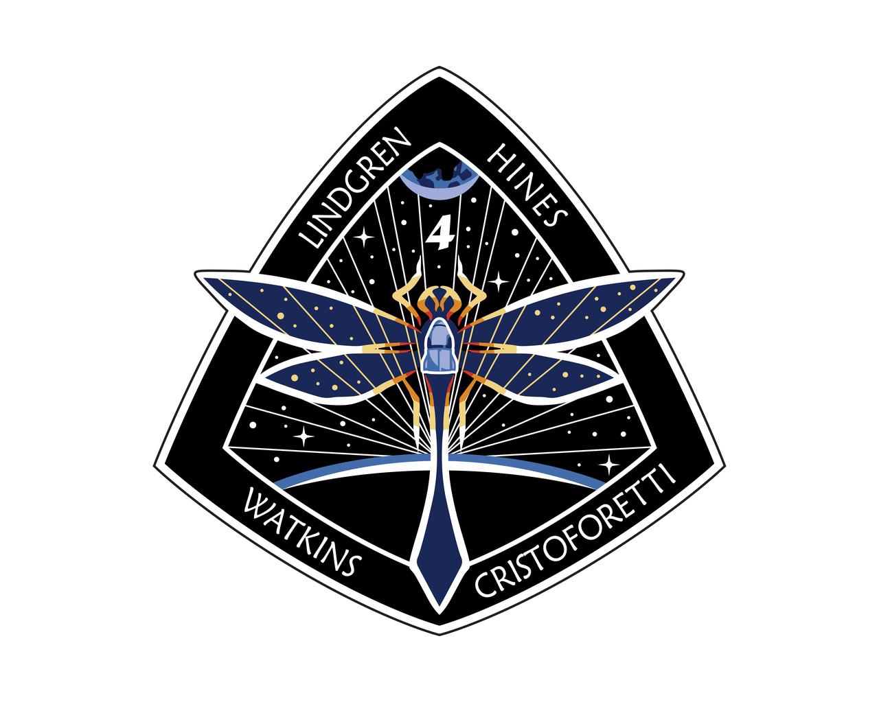 jsc2021e062614 (Dec. 2, 2021) --- The insignia representing the SpaceX Crew-4 mission to the International Space Station depicts a dragonfly and highlights the crew members Commander Kjell Lindgren, Pilot Robert Hines and Mission Specialists Jessica Watkins and Samantha Cristoforetti. Lindgren, Hines and Watkins are NASA astronauts and Cristoforetti is an ESA (European Space Agency) astronaut. Kjell Lindgren described the meaning behind the patch: "The free-flying Dragon capsule forms the thorax of the central element of the patch, the Dragonfly – a beautiful and agile flyer. For many, the dragonfly represents transformation and good fortune. On its way to the International Space Station, the capsule appears suspended in low Earth orbit with the Earth below and Moon above. Four bright stars represent the four crewmembers’ families and their steadfast patience, love and support. The remaining multitude of stars represent the countless members of the NASA, SpaceX and international partner teams, whose ingenuity, vigilance and tireless work has made this mission possible."