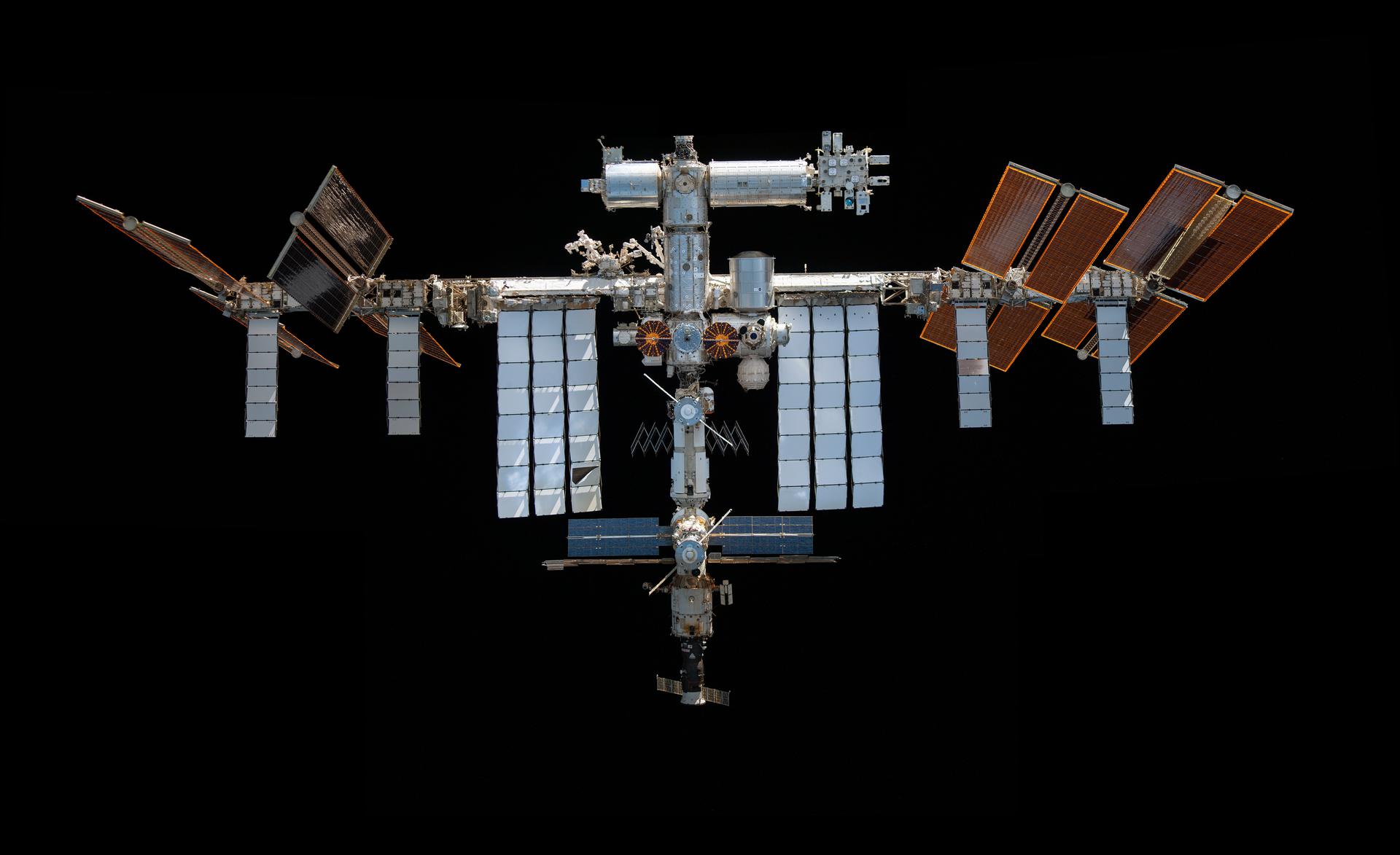 Image of the International Space Station floating in space.