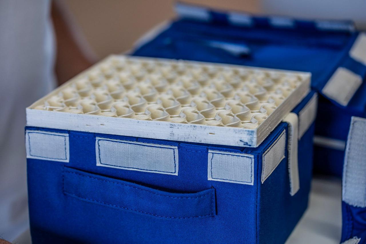 jsc2021e064352 (3/18/2021) --- Preflight imagery of the 3D printed pad with renewable foam used for side/top/bottom panels of the Dreams Kit. The Packaging and Protecting Using Renewable Products (Renewable Foam) project is intended to test foams using products manufactured with renewable resources (or eco-friendly).  © CNES/DE PRADA Thierry, 2020