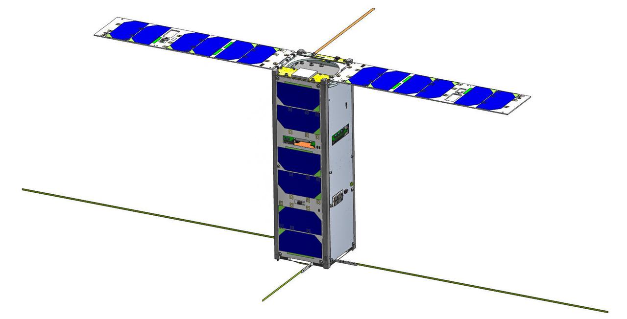 jsc2022e000004 (1/5/2022) --- A preflight graphic of IHI-SAT in in deployed configuration. IHI-SAT is the 3U CubeSat designed, developed and launched by IHI Corporation with support of Tohoku University. IHI-SAT demonstrates advanced AIS (automatic identification system) receiving system. This new system improves a ship’s detection rate in a sea area where many other ships are under way. Image Credit: Image courtesy of IHI Corporation.