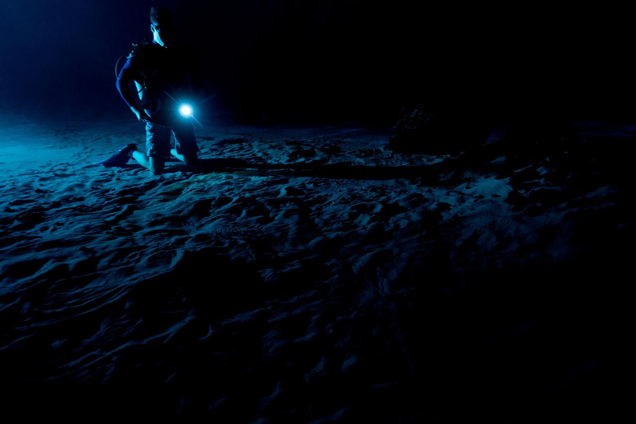 Test subjects performing subjective assessment of supplemental lighting during NBL Preliminary Lunar Lighting Evaluation.  Divers at the Neutral Buoyancy Laboratory (NBL) in Houston are setting the stage for future Moonwalk training by simulating lunar lighting conditions. At the Lunar South Pole, the Sun will remain no more than a few degrees above the horizon, resulting in extremely long and dark shadows. To prepare astronauts for these challenging lighting conditions, the team at the NBL has begun preliminary evaluations of lunar lighting solutions at the bottom of the 40-foot deep pool. This testing and evaluation involved turning off all the lights in the facility, installing black curtains on the pool walls to minimize reflections, and using a powerful underwater cinematic lamp, to get the conditions just right ahead of upcoming training for astronauts.