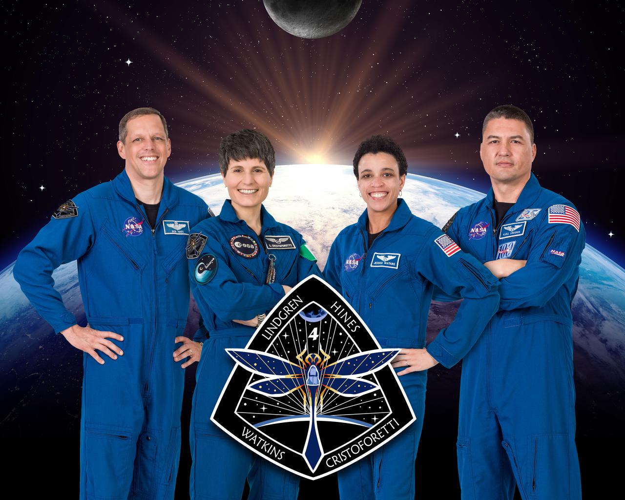 jsc2022e011014 (Feb. 7, 2022) --- The official crew portrait of the SpaceX Crew-4 astronauts representing NASA's Commercial Crew Program. From left are, Pilot Robert Hines, Mission Specialists Samantha Cristoforetti and Jessica Watkins, and Commander Kjell Lindgren. Hines, Watkins, and Lindgren are NASA astronauts and Cristoforetti is an ESA (European Space Agency) astronaut.