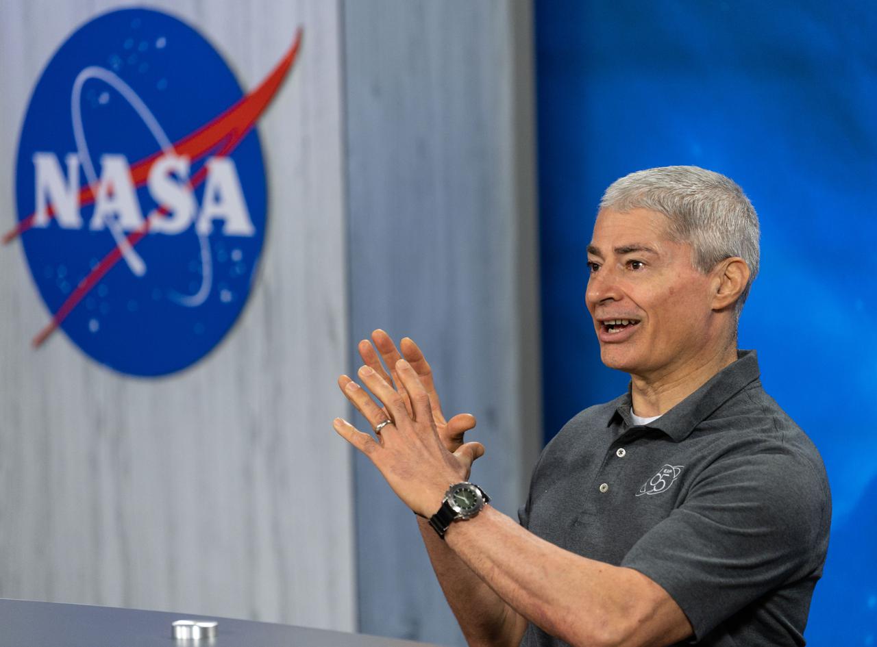 jsc2022e021201 (March 5, 2022) --- NASA astronaut Mark Vande Hei talks to media and answers social media questions at NASA's Johnson Space Center less than a week after returning to Earth and completing a 355-day mission aboard the International Space Station.
