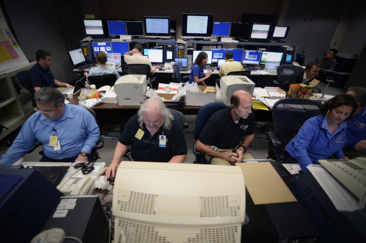 Teams conduct powerup and docking operations for the Sensor Test for Orion Relative Navigation Risk Mitigation (STORRM) in a payload support room at Johnson Space Center’s Mission Control Center in Houston on May 17, 2011. STORRM was successfully demonstrated on Space Shuttle Endeavour’s STS-134 mission to the International Space Station. The goal of STORRM was to validate a new relative navigation sensor based on advanced laser and detector technology that will make docking and undocking spacecraft easier and safer. It also tested the hardware in the same environment that the sensors would experience on the first Orion rendezvous to another vehicle.