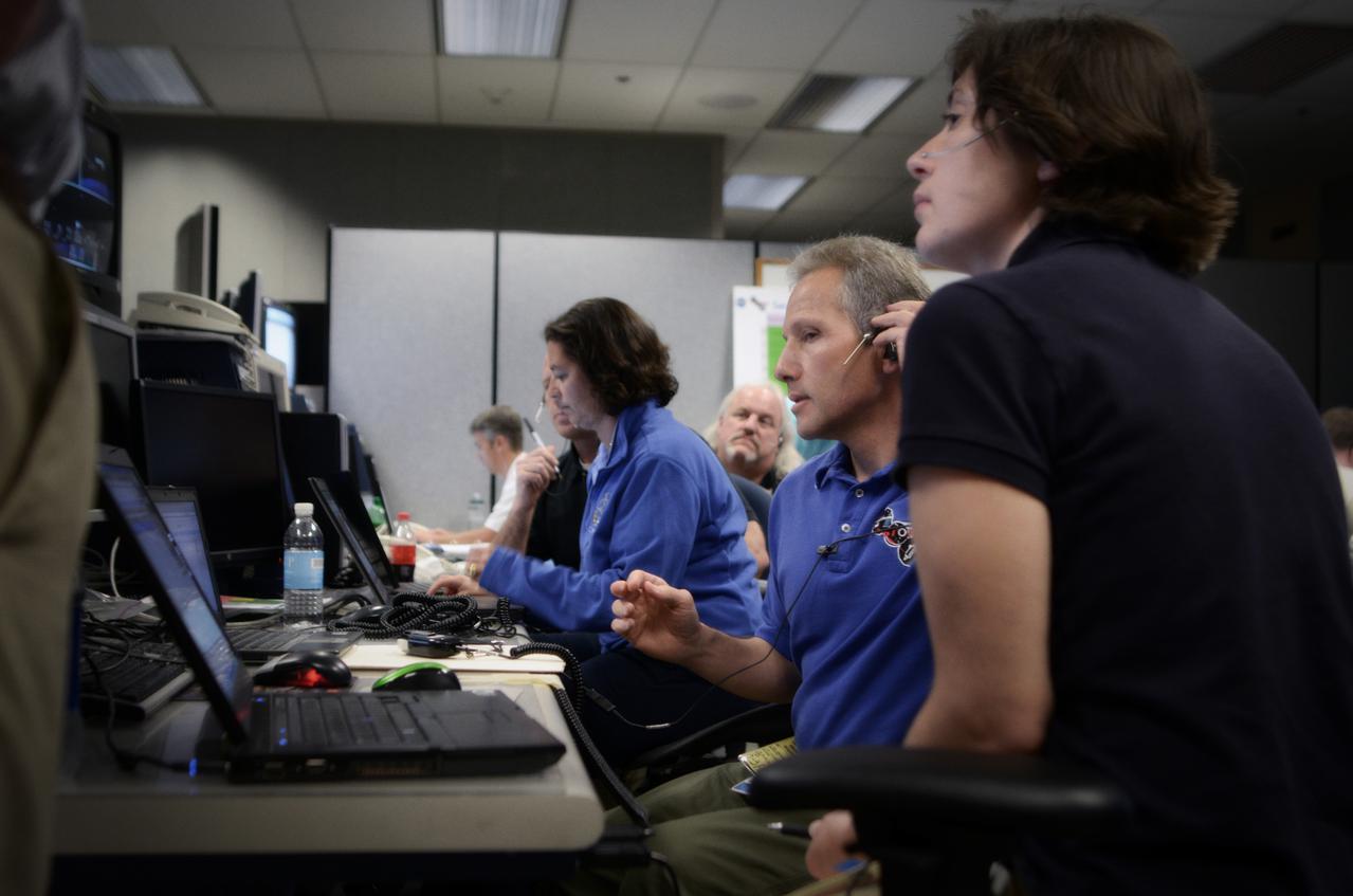 Teams conduct powerup and docking operations for the Sensor Test for Orion Relative Navigation Risk Mitigation (STORRM) in a payload support room at Johnson Space Center’s Mission Control Center in Houston on May 17, 2011. STORRM was successfully demonstrated on Space Shuttle Endeavour’s STS-134 mission to the International Space Station. The goal of STORRM was to validate a new relative navigation sensor based on advanced laser and detector technology that will make docking and undocking spacecraft easier and safer. It also tested the hardware in the same environment that the sensors would experience on the first Orion rendezvous to another vehicle.