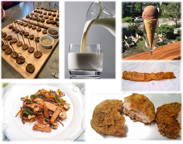 jsc2022e031225 (4/26/2022) --- For the Protein Manufacturing investigations, examples are shown of alternative meat and dairy products prepared from fungal strain MK7 biomats by Nature’s Fynd. Delicious foods developed by world renown chefs, including Sebastian Canonne, founder of the French Pastry School. Image courtesy of BioServe.