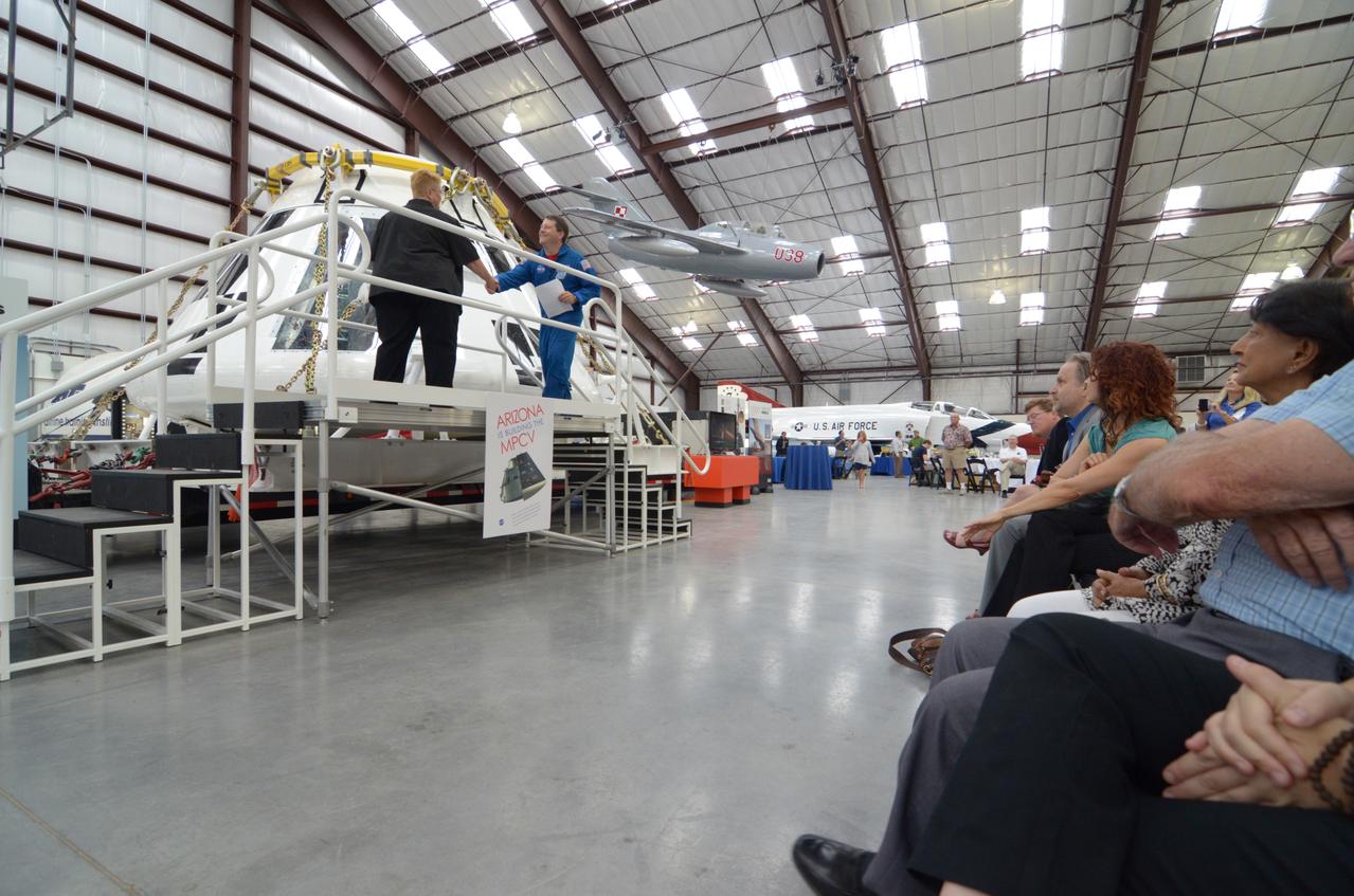 The Orion crew module flown on NASA’s Pad Abort-1 (PA-1) flight test is shown on display and NASA Astronaut Nicholas Patrick speaks at an event at the Pima Air and Space Museum in Tucson, Arizona, on June 16, 2011.   Part of Batch image transfer from Flickr.