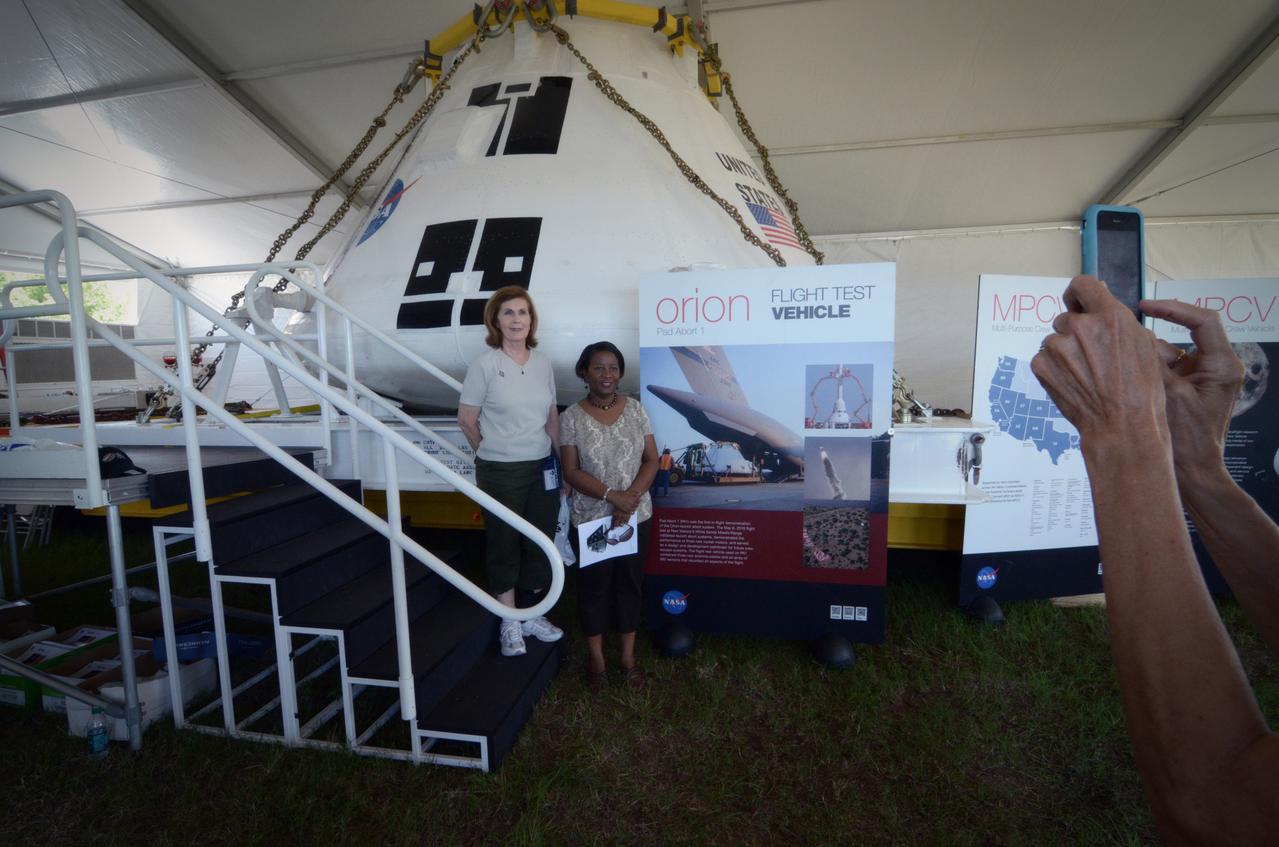 The Orion crew module flown on NASA’s Pad Abort-1 (PA-1) flight test is shown on display at an event at Kennedy Space Center in Florida on July 5, 2011 before moving into the Operations &amp; Checkout (O&amp;C) Building.  Part of Batch image transfer from Flickr.