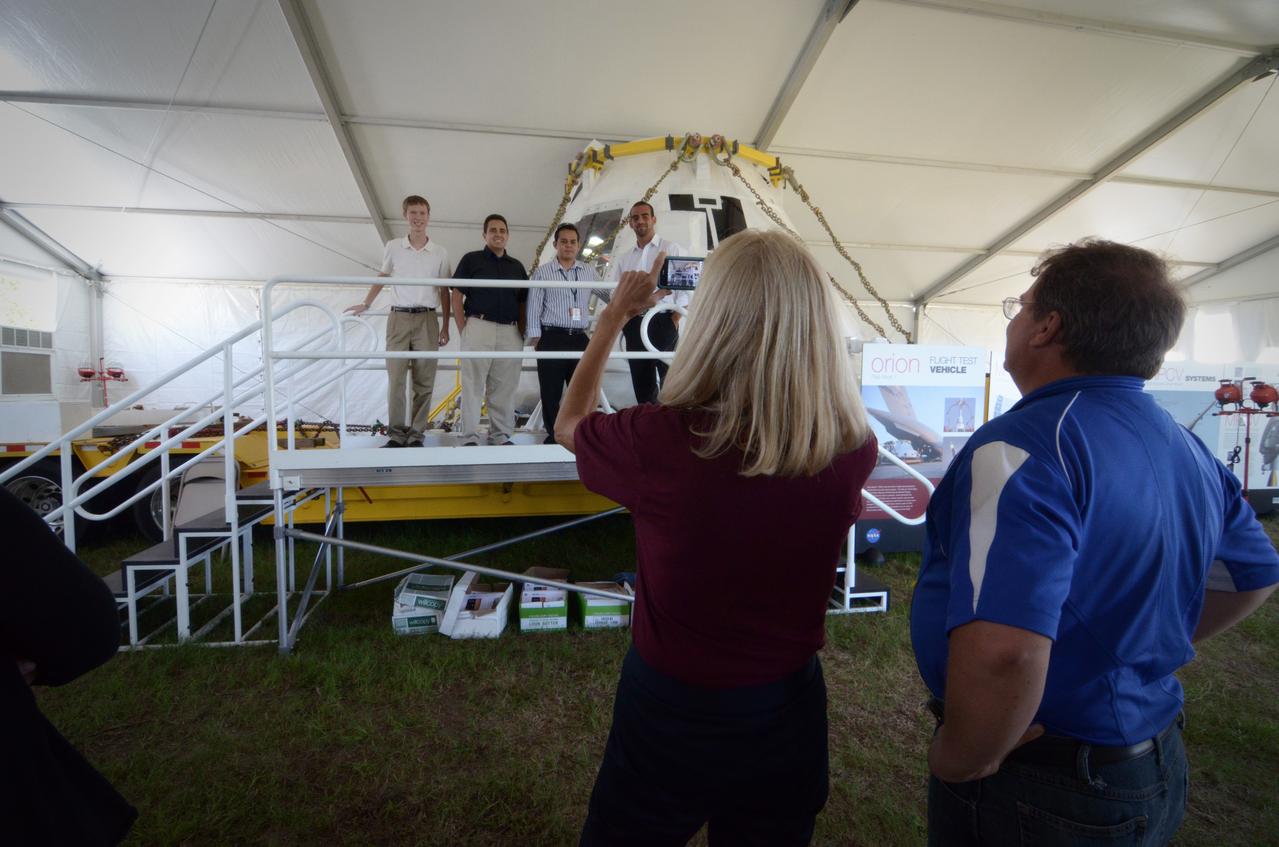 The Orion crew module flown on NASA’s Pad Abort-1 (PA-1) flight test is shown on display at an event at Kennedy Space Center in Florida on July 5, 2011 before moving into the Operations &amp; Checkout (O&amp;C) Building.  Part of Batch image transfer from Flickr.