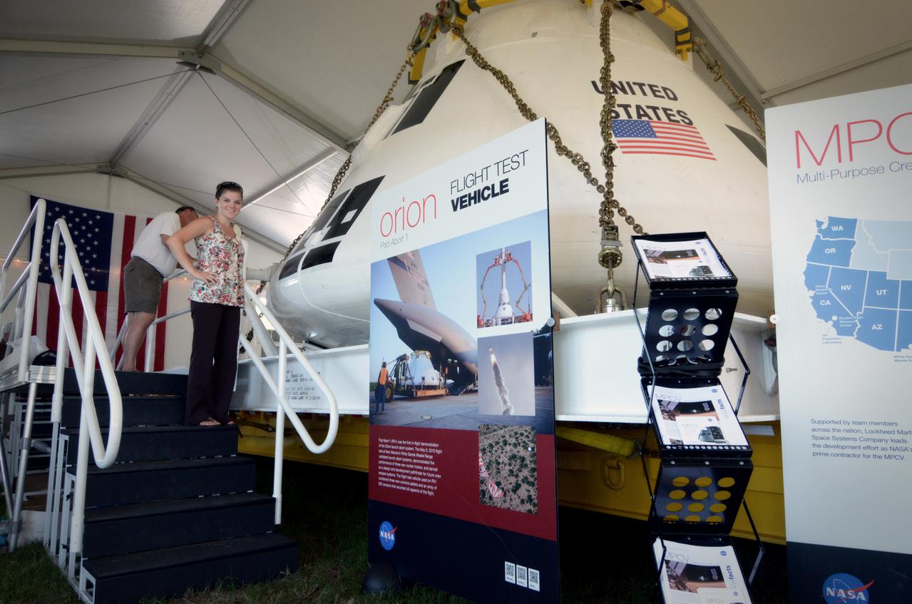 The Orion crew module flown on NASA’s Pad Abort-1 (PA-1) flight test is shown on display at an event at Kennedy Space Center in Florida on July 5, 2011 before moving into the Operations &amp; Checkout (O&amp;C) Building.  Part of Batch image transfer from Flickr.