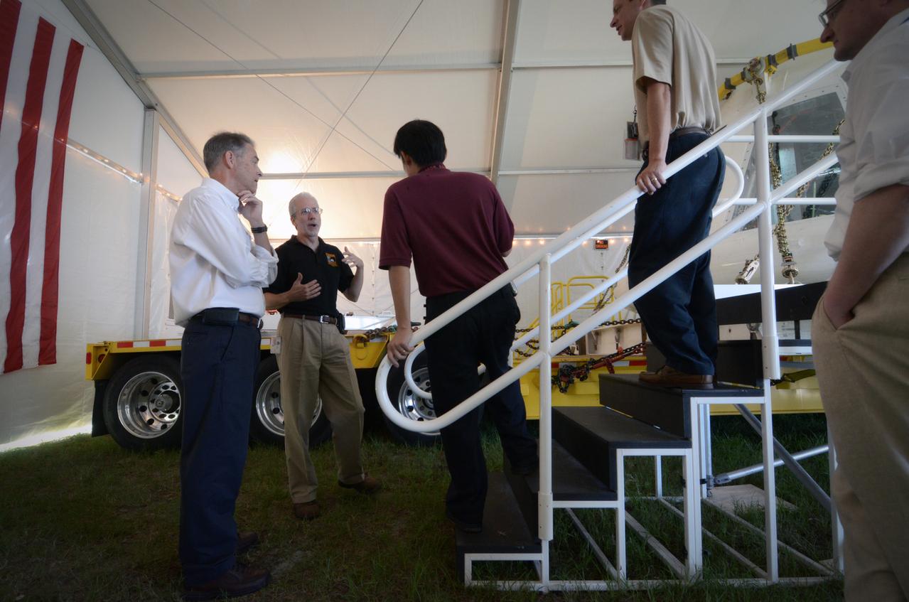 The Orion crew module flown on NASA’s Pad Abort-1 (PA-1) flight test is shown on display at an event at Kennedy Space Center in Florida on July 6, 2011 before moving into the Operations &amp; Checkout (O&amp;C) Building.  Part of Batch image transfer from Flickr.
