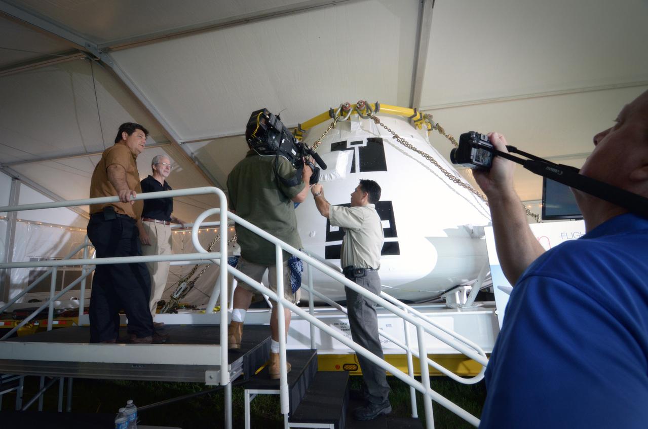 The Orion crew module flown on NASA’s Pad Abort-1 (PA-1) flight test is shown on display at an event at Kennedy Space Center in Florida on July 6, 2011 before moving into the Operations &amp; Checkout (O&amp;C) Building.  Part of Batch image transfer from Flickr.
