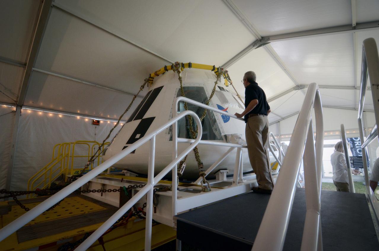 The Orion crew module flown on NASA’s Pad Abort-1 (PA-1) flight test is shown on display at an event at Kennedy Space Center in Florida on July 6, 2011 before moving into the Operations &amp; Checkout (O&amp;C) Building.  Part of Batch image transfer from Flickr.