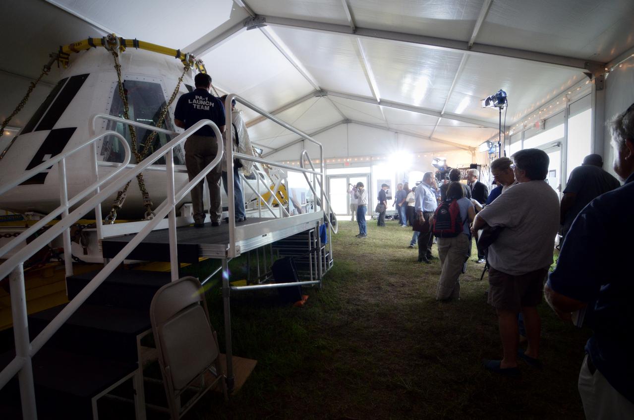 The Orion crew module flown on NASA’s Pad Abort-1 (PA-1) flight test is shown on display at an event at Kennedy Space Center in Florida on July 7, 2011 before moving into the Operations &amp; Checkout (O&amp;C) Building.  Part of Batch image transfer from Flickr.