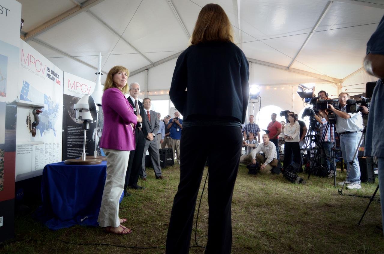 The Orion crew module flown on NASA’s Pad Abort-1 (PA-1) flight test is shown on display at an event at Kennedy Space Center in Florida on July 7, 2011 before moving into the Operations &amp; Checkout (O&amp;C) Building.  Part of Batch image transfer from Flickr.