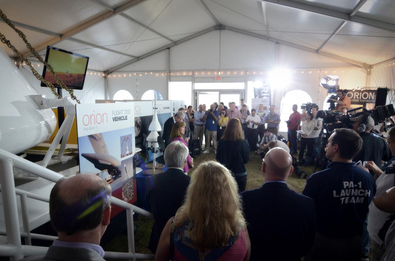 The Orion crew module flown on NASA’s Pad Abort-1 (PA-1) flight test is shown on display at an event at Kennedy Space Center in Florida on July 7, 2011 before moving into the Operations &amp; Checkout (O&amp;C) Building.  Part of Batch image transfer from Flickr.