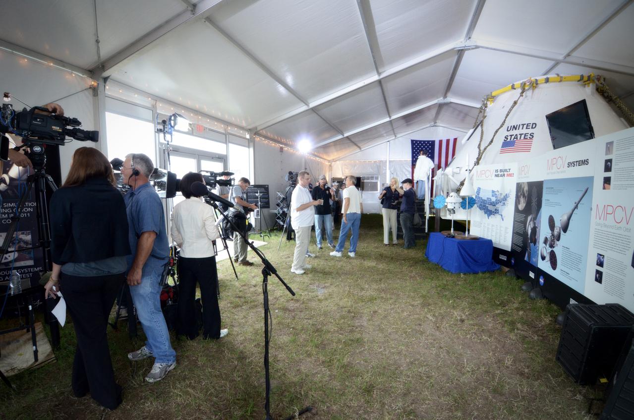 The Orion crew module flown on NASA’s Pad Abort-1 (PA-1) flight test is shown on display at an event at Kennedy Space Center in Florida on July 7, 2011 before moving into the Operations &amp; Checkout (O&amp;C) Building.  Part of Batch image transfer from Flickr.
