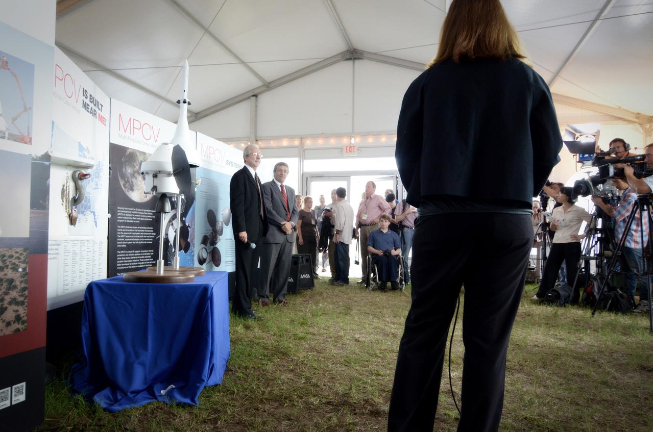 The Orion crew module flown on NASA’s Pad Abort-1 (PA-1) flight test is shown on display at an event at Kennedy Space Center in Florida on July 7, 2011 before moving into the Operations &amp; Checkout (O&amp;C) Building.  Part of Batch image transfer from Flickr.