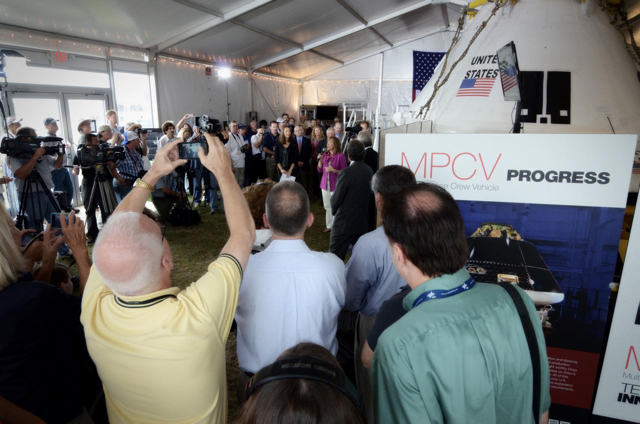 The Orion crew module flown on NASA’s Pad Abort-1 (PA-1) flight test is shown on display at an event at Kennedy Space Center in Florida on July 7, 2011 before moving into the Operations &amp; Checkout (O&amp;C) Building.  Part of Batch image transfer from Flickr.