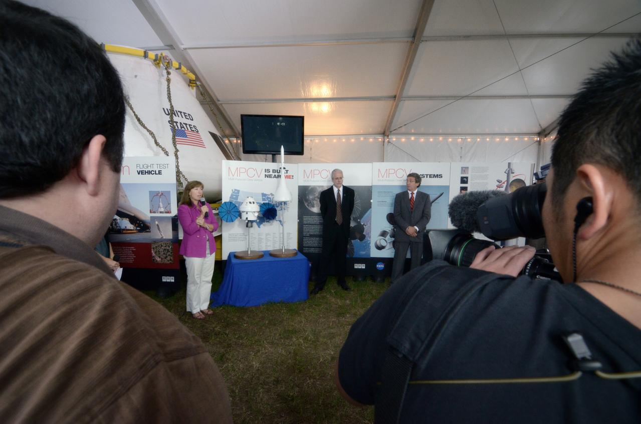 The Orion crew module flown on NASA’s Pad Abort-1 (PA-1) flight test is shown on display at an event at Kennedy Space Center in Florida on July 7, 2011 before moving into the Operations &amp; Checkout (O&amp;C) Building.  Part of Batch image transfer from Flickr.