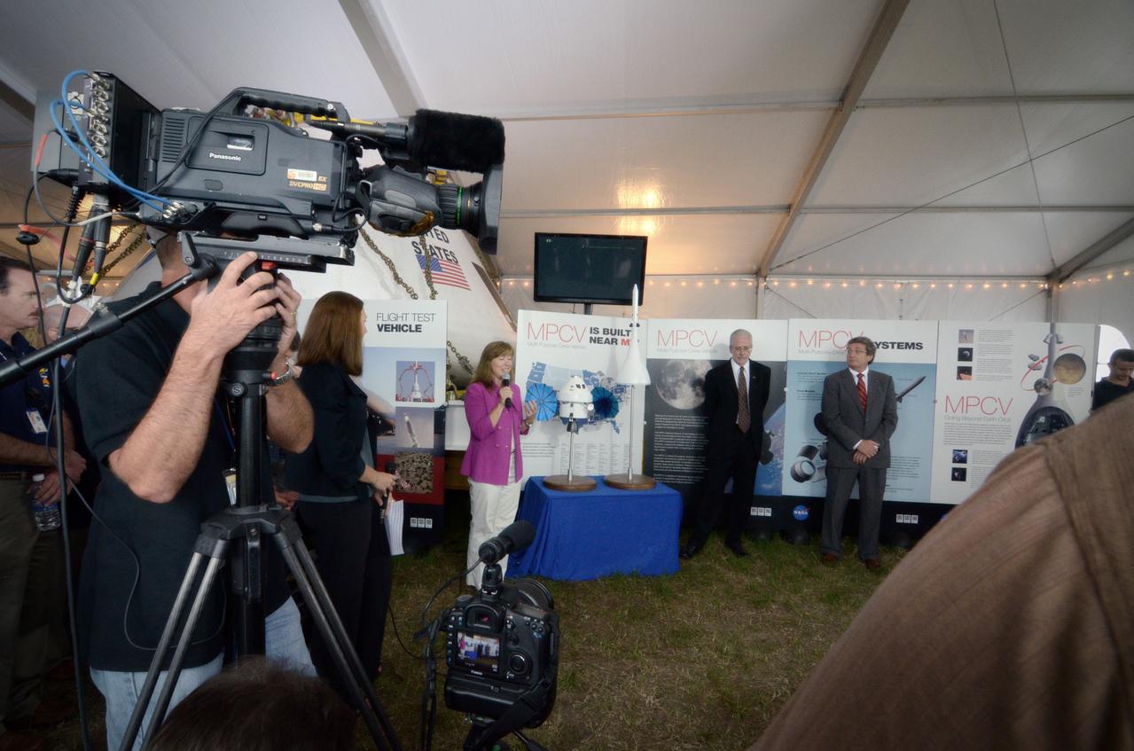 The Orion crew module flown on NASA’s Pad Abort-1 (PA-1) flight test is shown on display at an event at Kennedy Space Center in Florida on July 7, 2011 before moving into the Operations &amp; Checkout (O&amp;C) Building.  Part of Batch image transfer from Flickr.