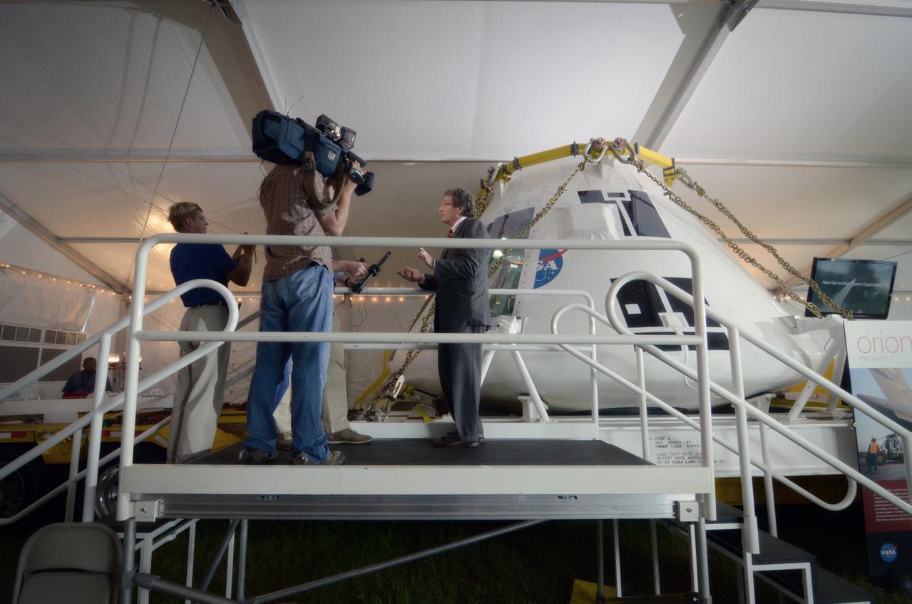 The Orion crew module flown on NASA’s Pad Abort-1 (PA-1) flight test is shown on display at an event at Kennedy Space Center in Florida on July 7, 2011 before moving into the Operations &amp; Checkout (O&amp;C) Building.  Part of Batch image transfer from Flickr.