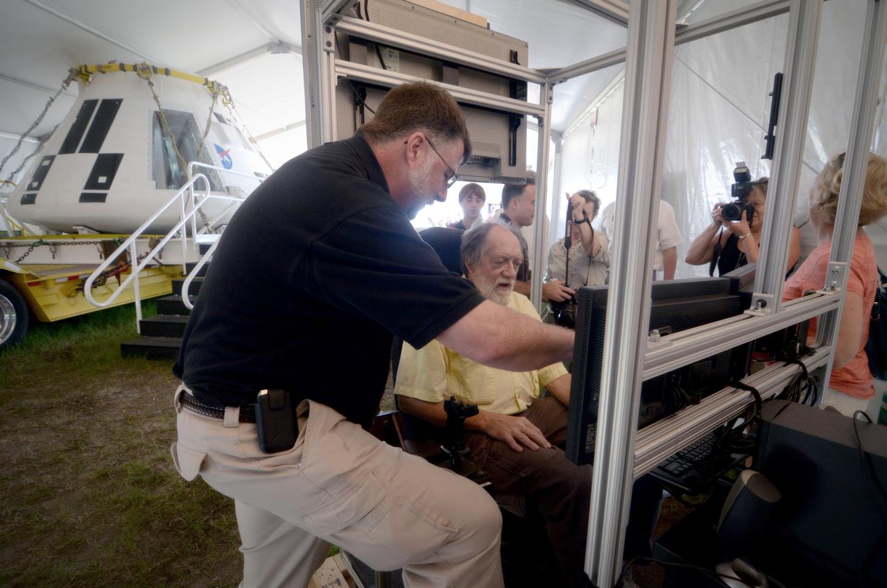 The Orion crew module flown on NASA’s Pad Abort-1 (PA-1) flight test is shown on display at an event at Kennedy Space Center in Florida on July 9, 2011 before moving into the Operations &amp; Checkout (O&amp;C) Building.  Part of Batch image transfer from Flickr.