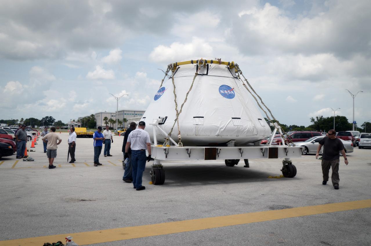 The Orion Pad Abort-1 (PA-1) crew module is prepared to enter the Operations &amp; Checkout (O&amp;C) Building at Kennedy Space Center in Florida on July 11, 2011. Part of Batch image transfer from Flickr.