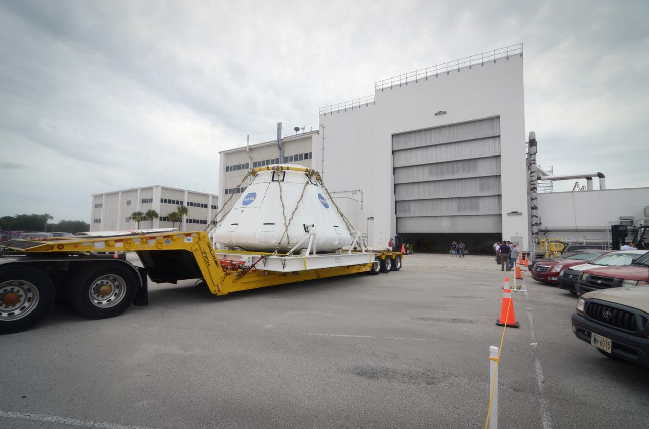 The Orion Pad Abort-1 (PA-1) crew module arrives at the Operations &amp; Checkout (O&amp;C) Building at Kennedy Space Center in Florida on July 11, 2011. Part of Batch image transfer from Flickr.