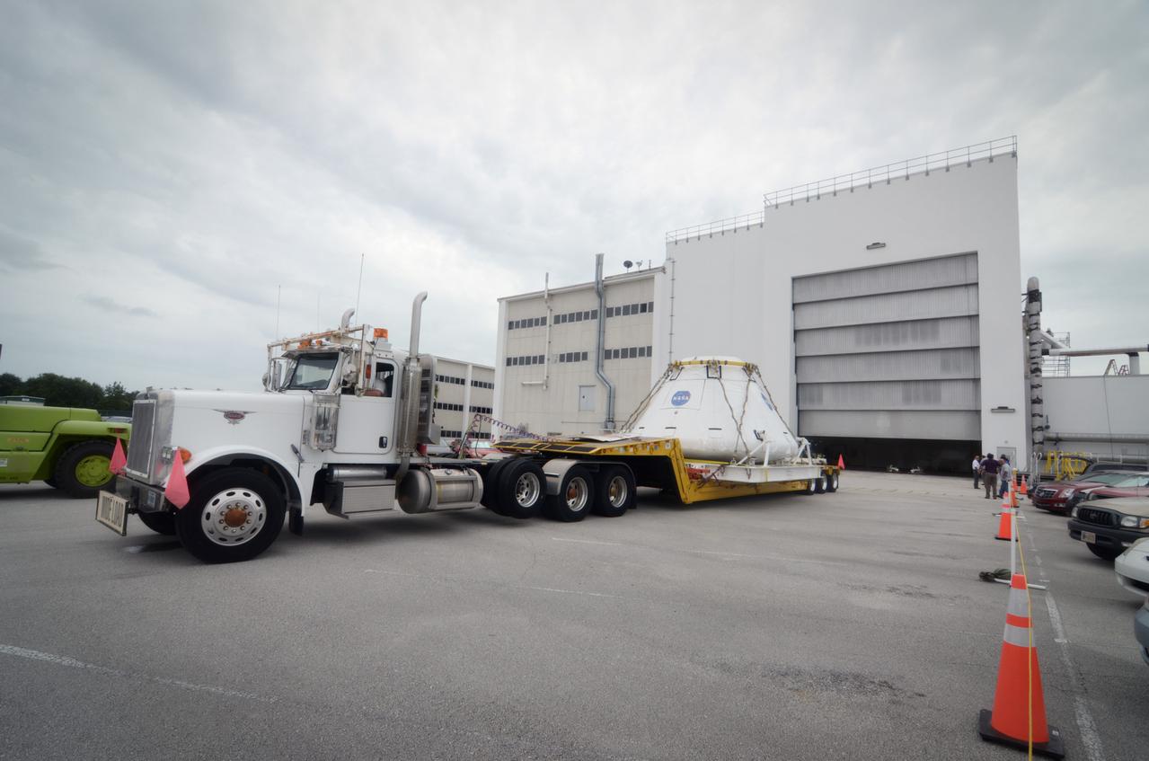 The Orion Pad Abort-1 (PA-1) crew module arrives at the Operations &amp; Checkout (O&amp;C) Building at Kennedy Space Center in Florida on July 11, 2011. Part of Batch image transfer from Flickr.