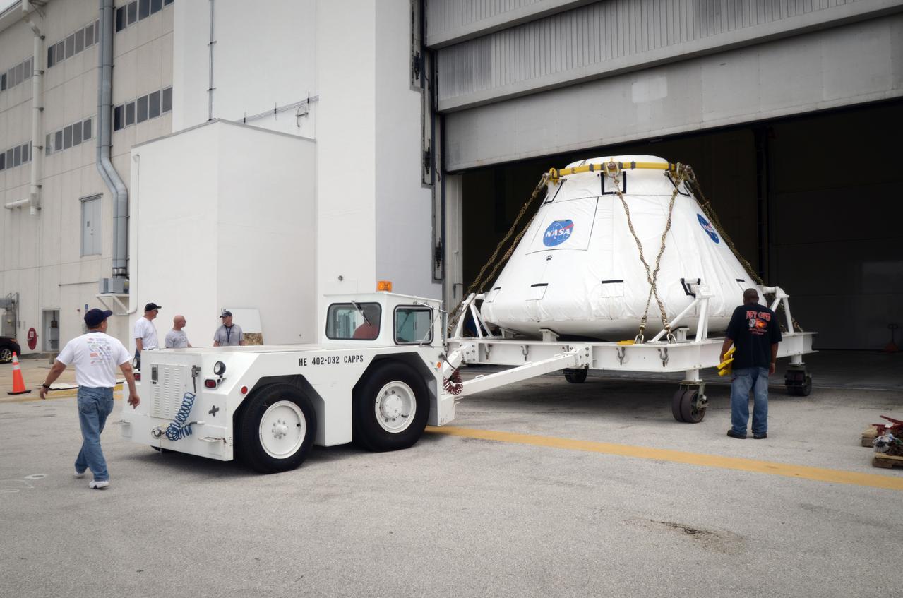 The Orion Pad Abort-1 (PA-1) crew module enters the airlock at the Operations &amp; Checkout (O&amp;C) Building at Kennedy Space Center in Florida on July 11, 2011. Part of Batch image transfer from Flickr.