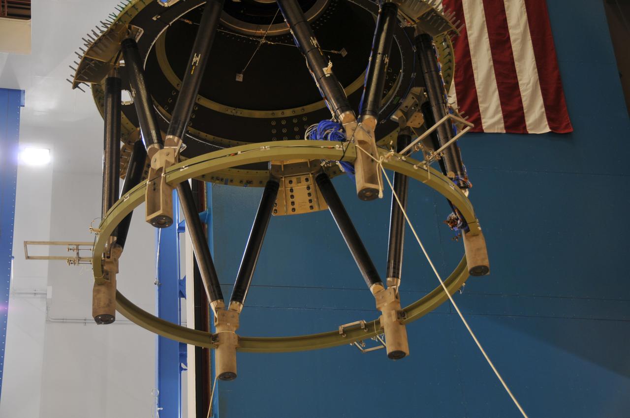 The Orion launch abort system and crew module test articles undergo stacking at Lockheed Martin’s facilities near Denver in preparation for acoustic testing on Aug. 9, 2011. To emulate the sound pressure levels experienced at launch, the tests exposed Orion and its launch abort system to acoustic levels exceeding 150 decibels, while hundreds of instruments record the vehicle’s response. Part of Batch image transfer from Flickr.