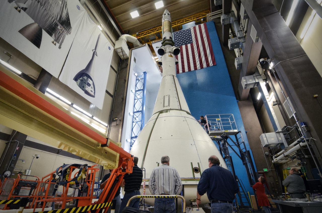 The Orion ground test vehicle is prepared for the Launch Abort Vehicle Configuration Test at Lockheed Martin's facilities in Denver on Sept. 14, 2011. For this test, the vehicle was covered with fillets and ogive panels that resemble the vehicle's launch configuration. The spacecraft underwent testing at sound pressure levels that emulate those experienced at launch and in the event an abort is needed to carry the crew to safety away from a potential problem on the launch pad or during ascent. Part of Batch image transfer from Flickr.