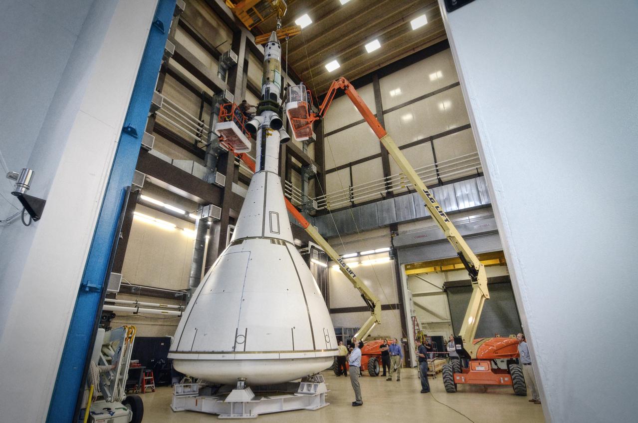 The Orion ground test vehicle is prepared for the Launch Abort Vehicle Configuration Test at Lockheed Martin's facilities in Denver on Sept. 15, 2011. For this test, the vehicle was covered with fillets and ogive panels that resemble the vehicle's launch configuration. The spacecraft underwent testing at sound pressure levels that emulate those experienced at launch and in the event an abort is needed to carry the crew to safety away from a potential problem on the launch pad or during ascent. Part of Batch image transfer from Flickr.