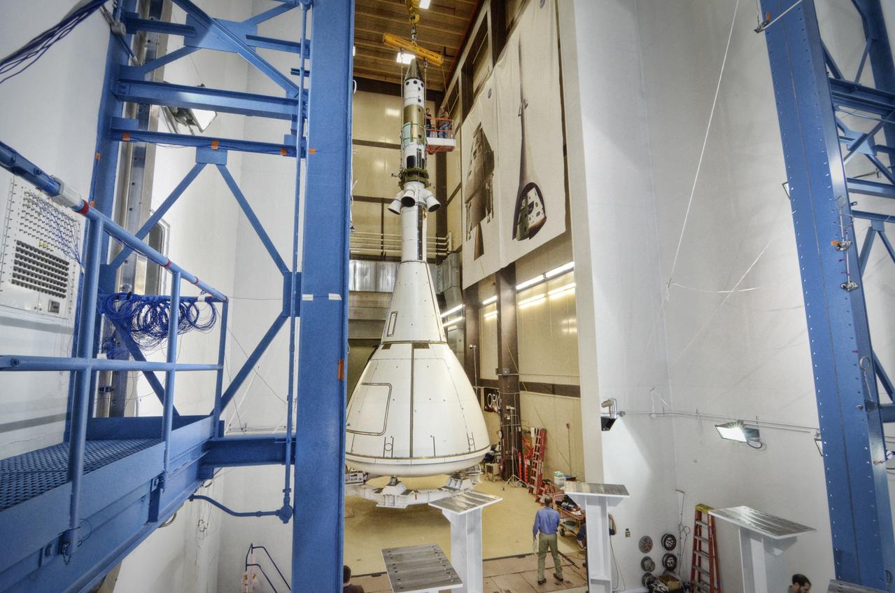 The Orion ground test vehicle is prepared for the Launch Abort Vehicle Configuration Test at Lockheed Martin's facilities in Denver on Sept. 15, 2011. For this test, the vehicle was covered with fillets and ogive panels that resemble the vehicle's launch configuration. The spacecraft underwent testing at sound pressure levels that emulate those experienced at launch and in the event an abort is needed to carry the crew to safety away from a potential problem on the launch pad or during ascent. Part of Batch image transfer from Flickr.