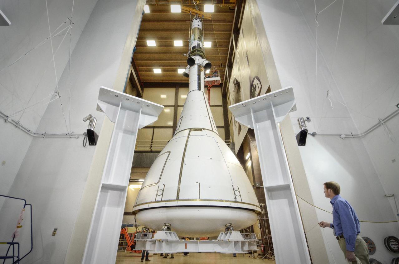 The Orion ground test vehicle is prepared for the Launch Abort Vehicle Configuration Test at Lockheed Martin's facilities in Denver on Sept. 15, 2011. For this test, the vehicle was covered with fillets and ogive panels that resemble the vehicle's launch configuration. The spacecraft underwent testing at sound pressure levels that emulate those experienced at launch and in the event an abort is needed to carry the crew to safety away from a potential problem on the launch pad or during ascent. Part of Batch image transfer from Flickr.