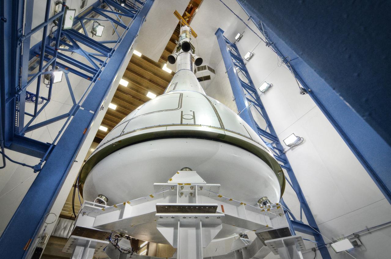 The Orion ground test vehicle is prepared for the Launch Abort Vehicle Configuration Test at Lockheed Martin's facilities in Denver on Sept. 15, 2011. For this test, the vehicle was covered with fillets and ogive panels that resemble the vehicle's launch configuration. The spacecraft underwent testing at sound pressure levels that emulate those experienced at launch and in the event an abort is needed to carry the crew to safety away from a potential problem on the launch pad or during ascent. Part of Batch image transfer from Flickr.
